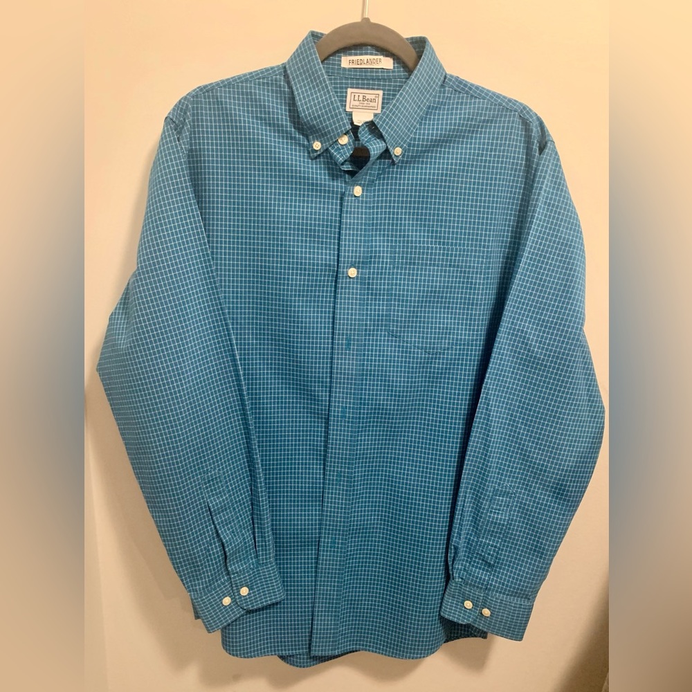 LL Bean Button Down Shirt Mens Sz M Reg Traditional Wrinkle Free Blue Plaid LS
